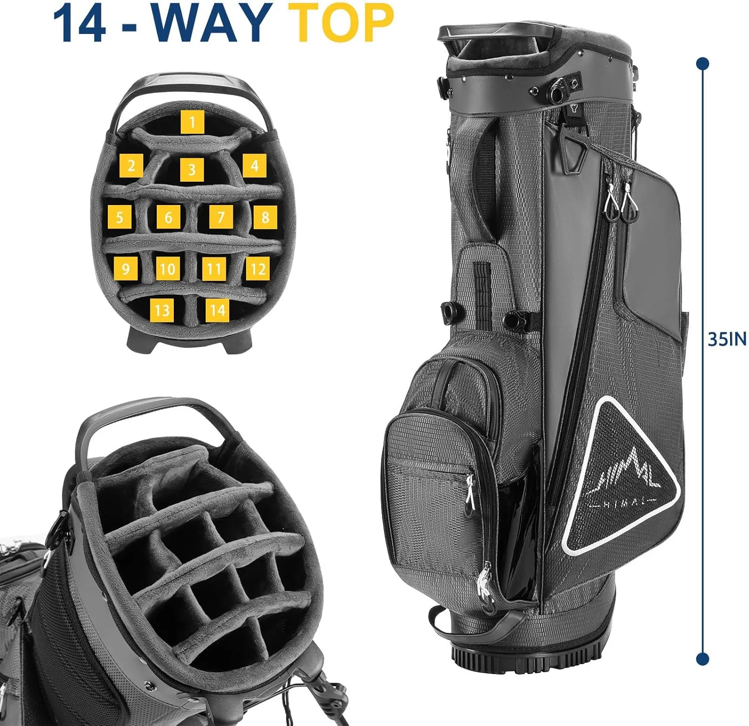 14-Way Golf Stand Bag, Full Length Premium PU Leather Golf Bag with Plush Top, Magnetic Pocket, Dual Strap and Rain Cover for Men