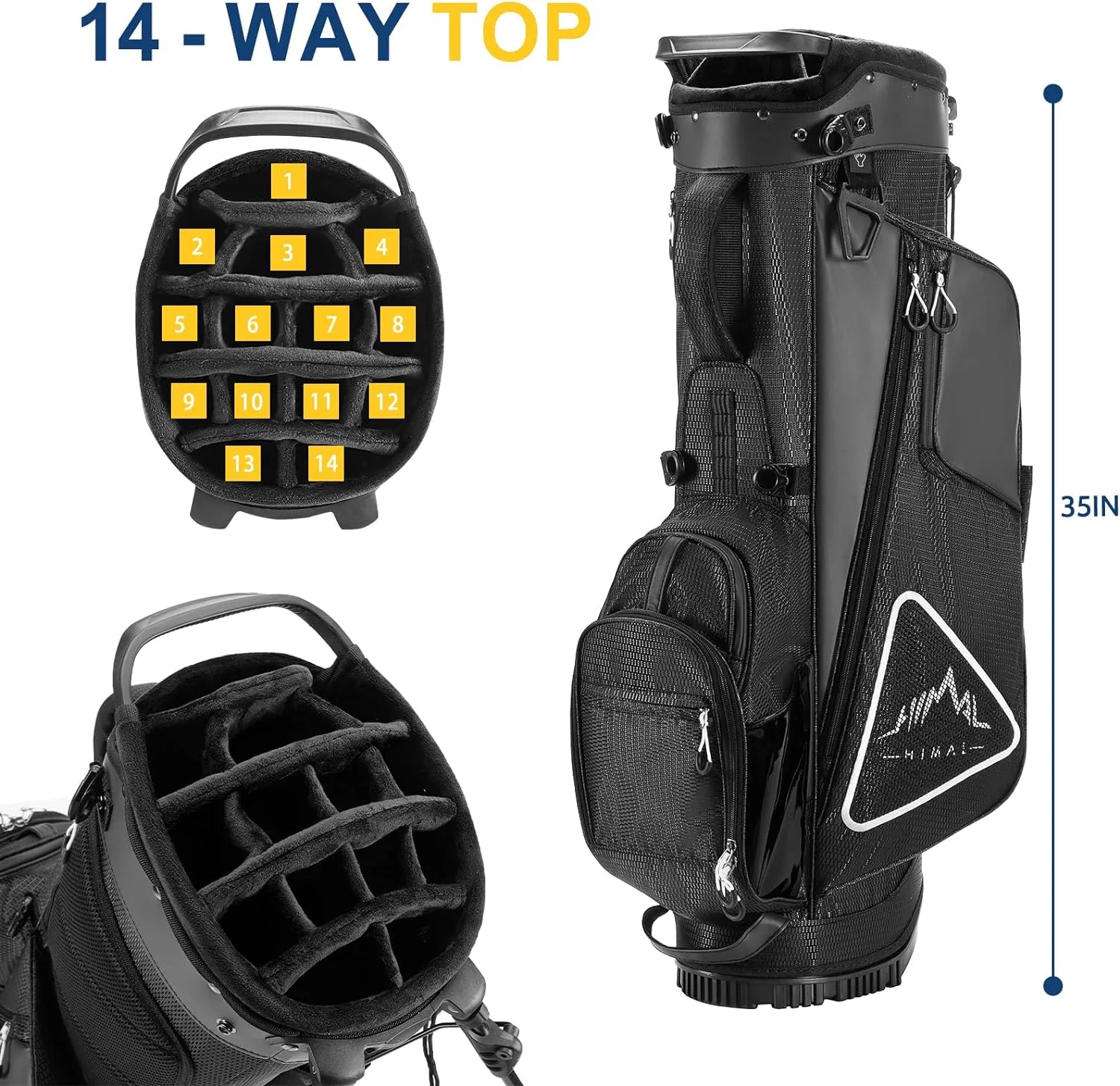 14-Way Golf Stand Bag, Full Length Premium PU Leather Golf Bag with Plush Top, Magnetic Pocket, Dual Strap and Rain Cover for Men