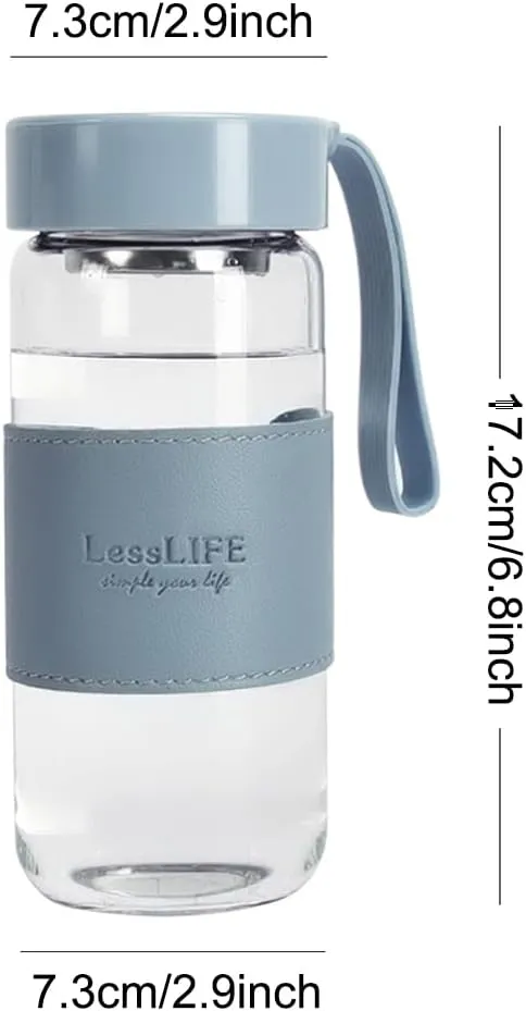 16OZ Borosilicate Glass Water Bottle Wide Mouth Leakproof Drinking Bottle with Protective Leather Sleeve Carry Handle Stainless Steel Infuser (Green)