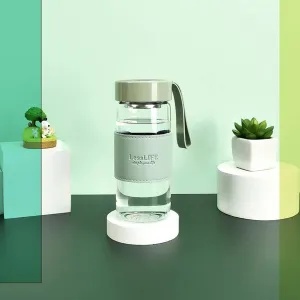 16OZ Borosilicate Glass Water Bottle Wide Mouth Leakproof Drinking Bottle with Protective Leather Sleeve Carry Handle Stainless Steel Infuser (Green)