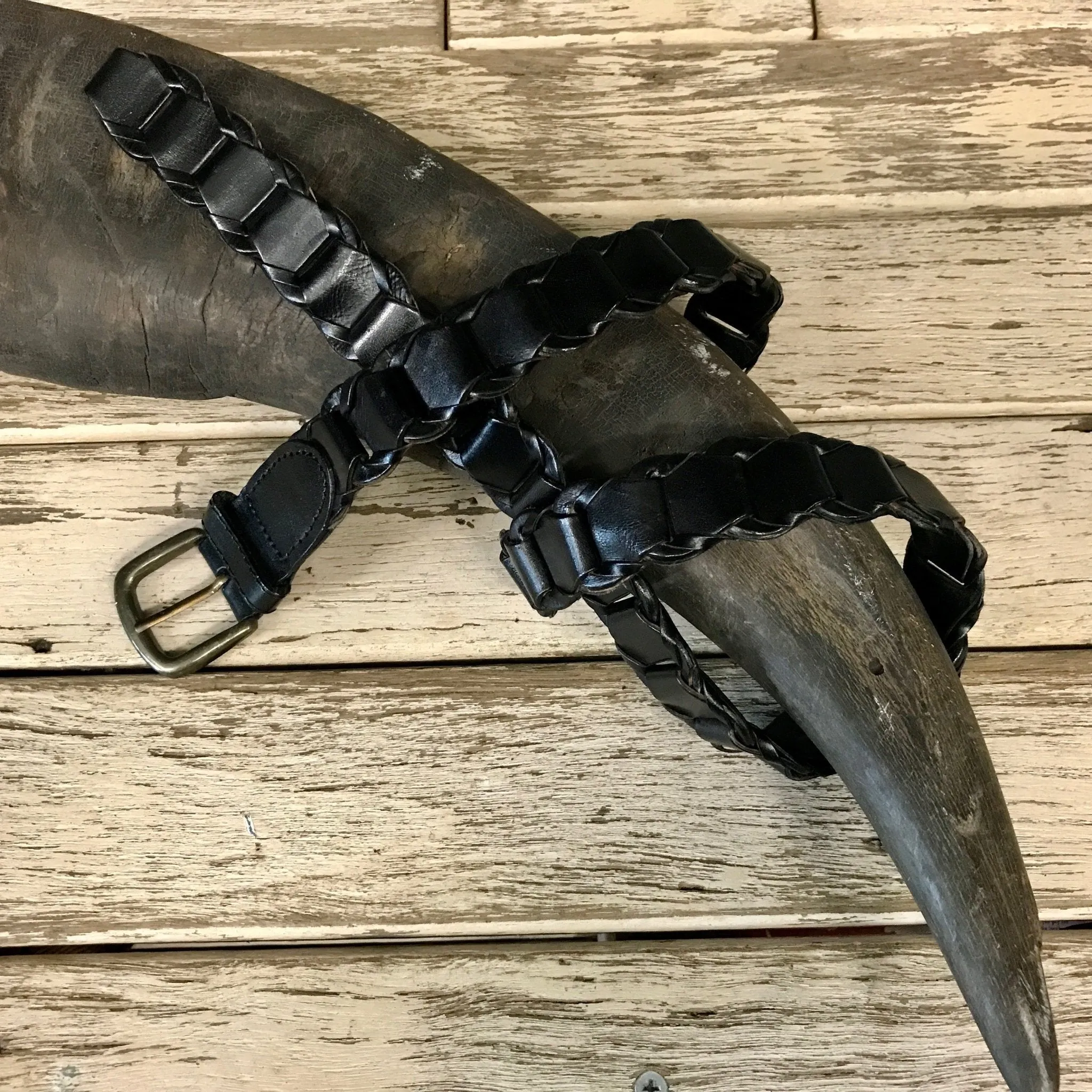 1980's Vintage Black Leather Belt Handcrafted Plaited Woven Sz M - OOAK