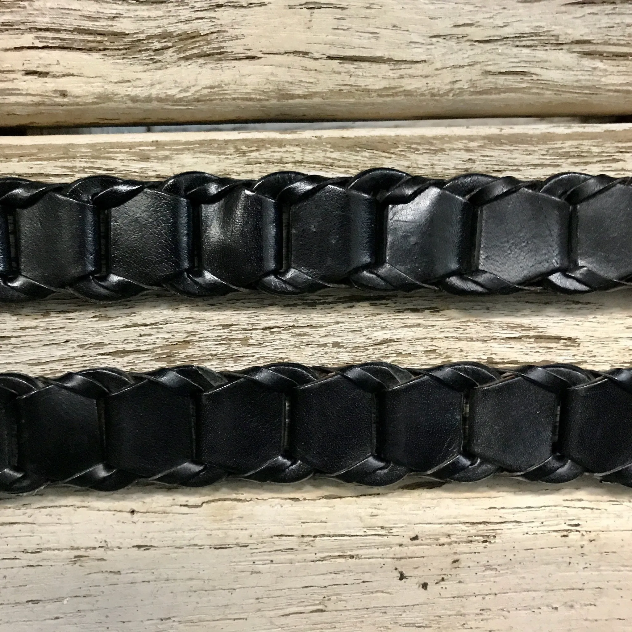 1980's Vintage Black Leather Belt Handcrafted Plaited Woven Sz M - OOAK