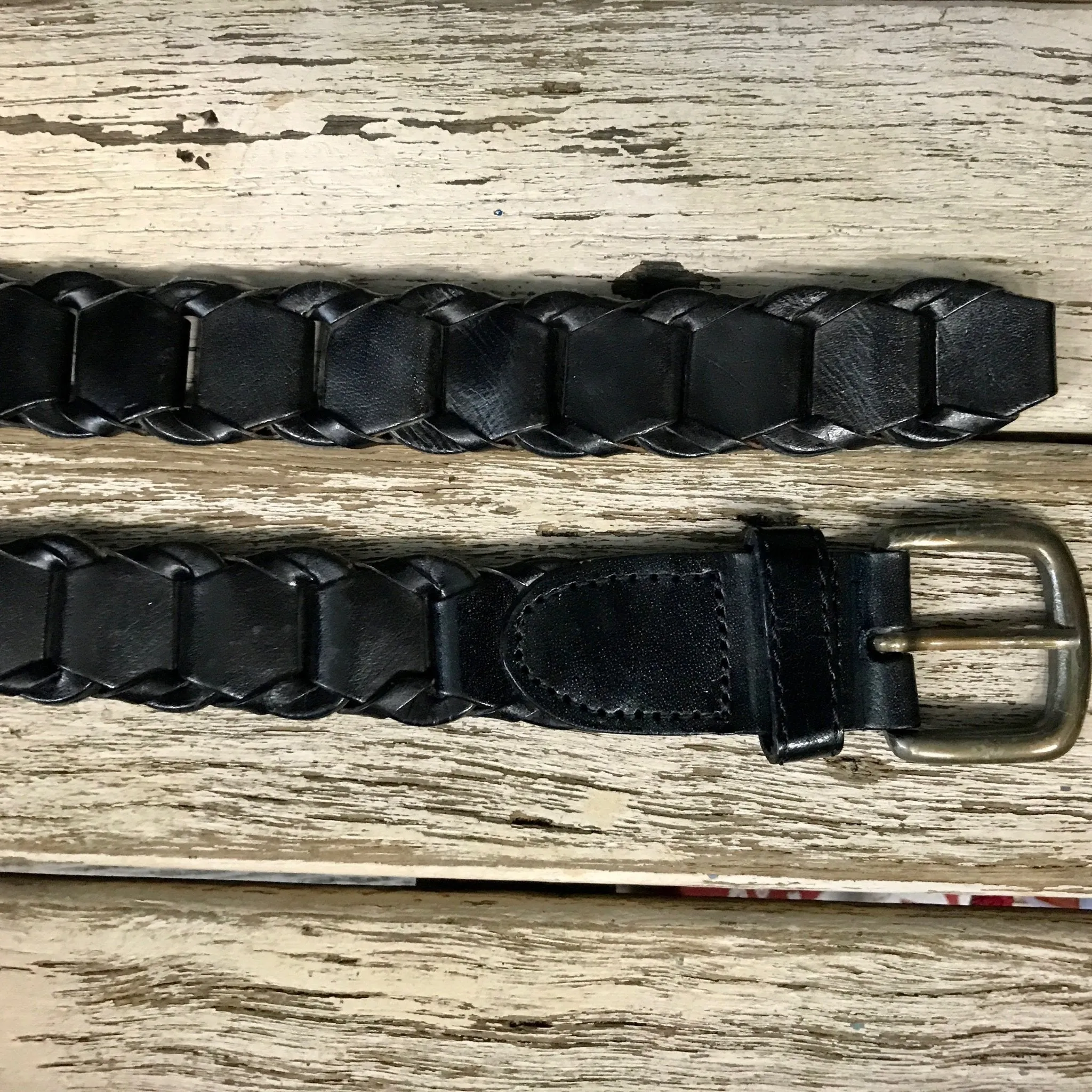 1980's Vintage Black Leather Belt Handcrafted Plaited Woven Sz M - OOAK