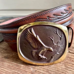 1980's Vintage Brown Tooled Leather Belt Bronze Buckle with Eagle Sz XL - OOAK