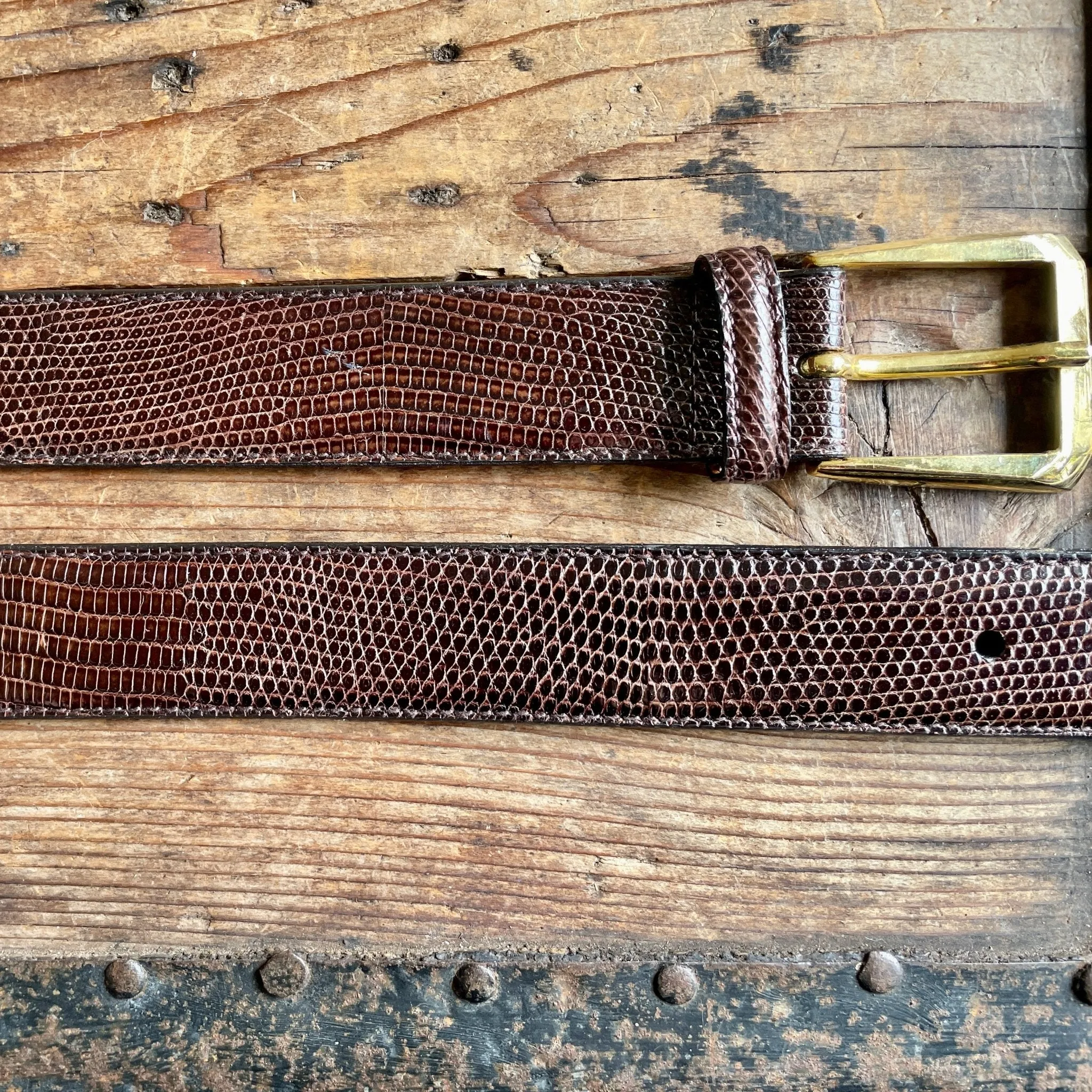 1990's Vintage Brown Lizard Leather Belt Sz M - OOAK