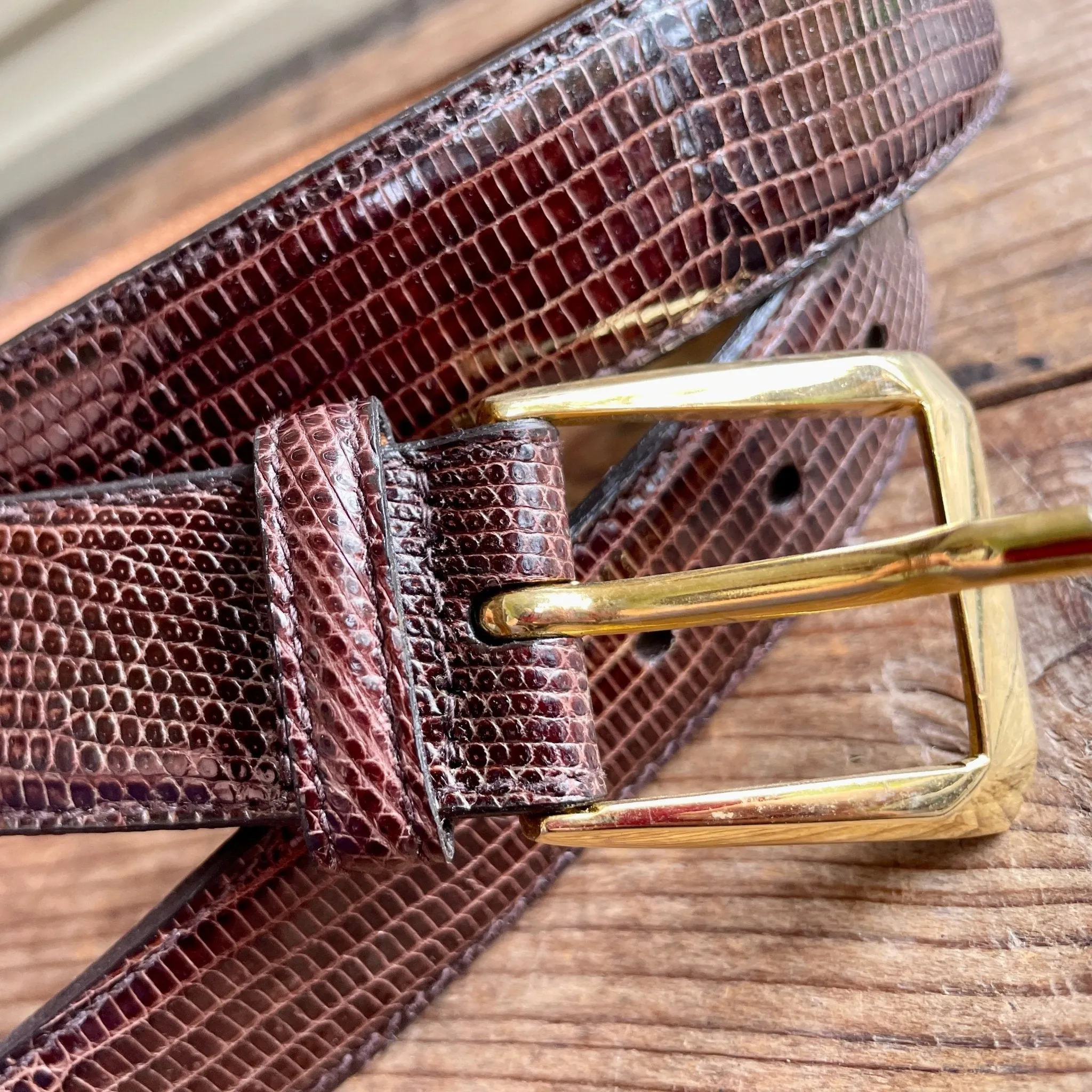 1990's Vintage Brown Lizard Leather Belt Sz M - OOAK