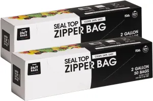 2 Pack 50 Count 2 Gallon Double Zipper Food Storage Bags, 2.5 Mils, BPA-Free, Clear Jumbo Size- 100 Bags Total