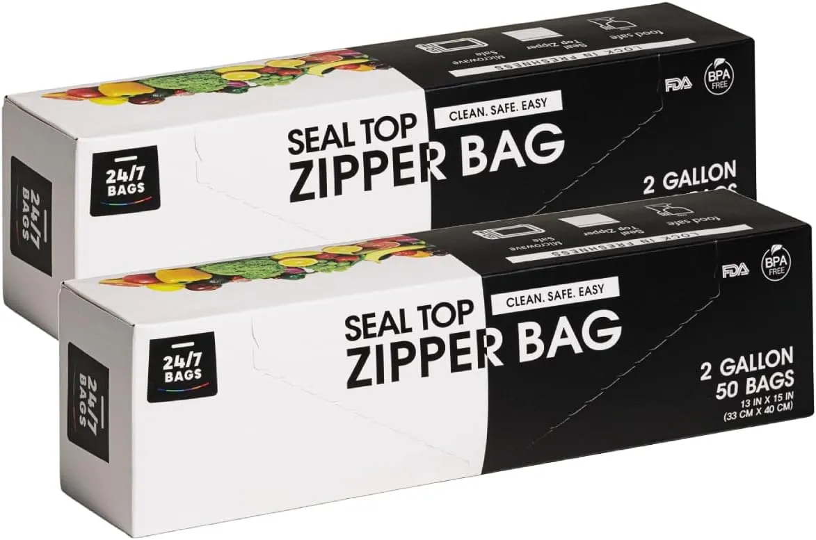 2 Pack 50 Count 2 Gallon Double Zipper Food Storage Bags, 2.5 Mils, BPA-Free, Clear Jumbo Size- 100 Bags Total