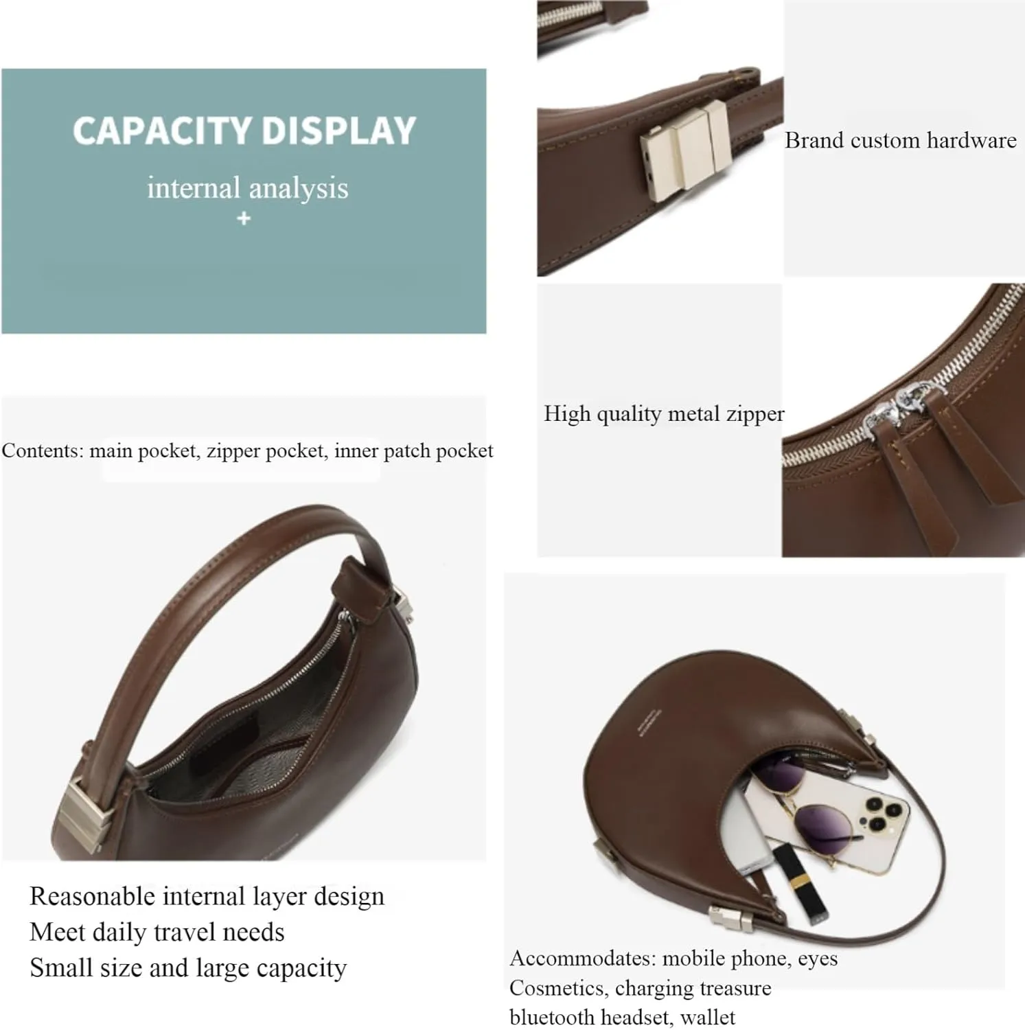 2023 New Ladies Genuine Leather Shoulder Handle Underarm Crescent Bag, Y2k Fashionable Adjustable Moon Bag With Handle. (coffee)