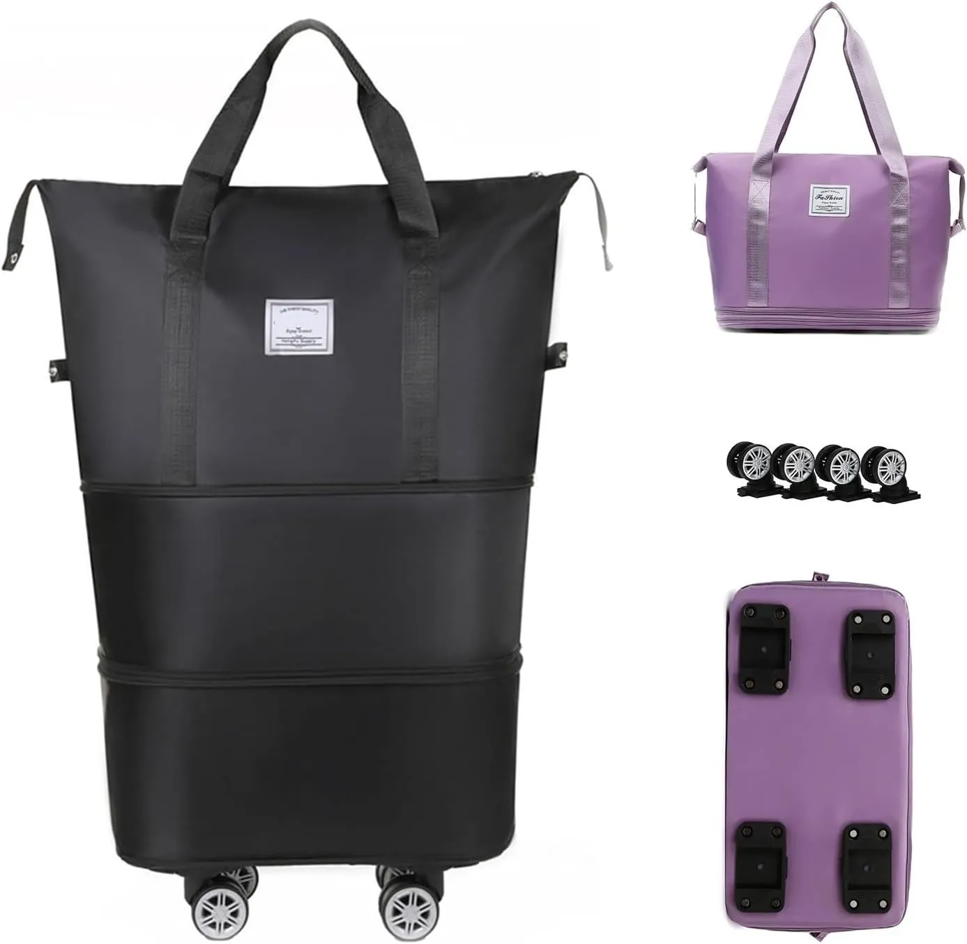 2025 New Travel Bag with Wheels, Expandable & Foldable Large Capacity Rolling Luggage, Adjustable Shoulder Strap & Detachable Wheels(Black)