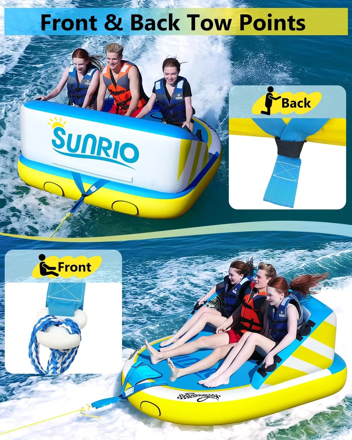 2025 Upgrade Towable Tubes for Boating 1-3 Riders Inflatable Water Sport Towable Tube for Boat Heavy Duty Nylon Cover with Zipper Bolster Fins Safety Air Valve Padded Handle