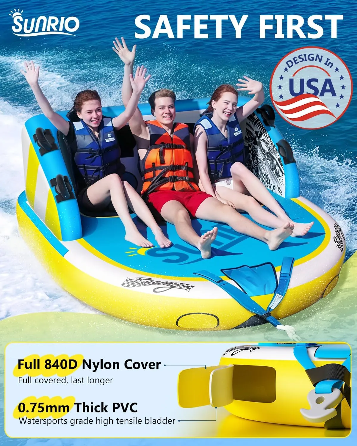 2025 Upgrade Towable Tubes for Boating 1-3 Riders Inflatable Water Sport Towable Tube for Boat Heavy Duty Nylon Cover with Zipper Bolster Fins Safety Air Valve Padded Handle
