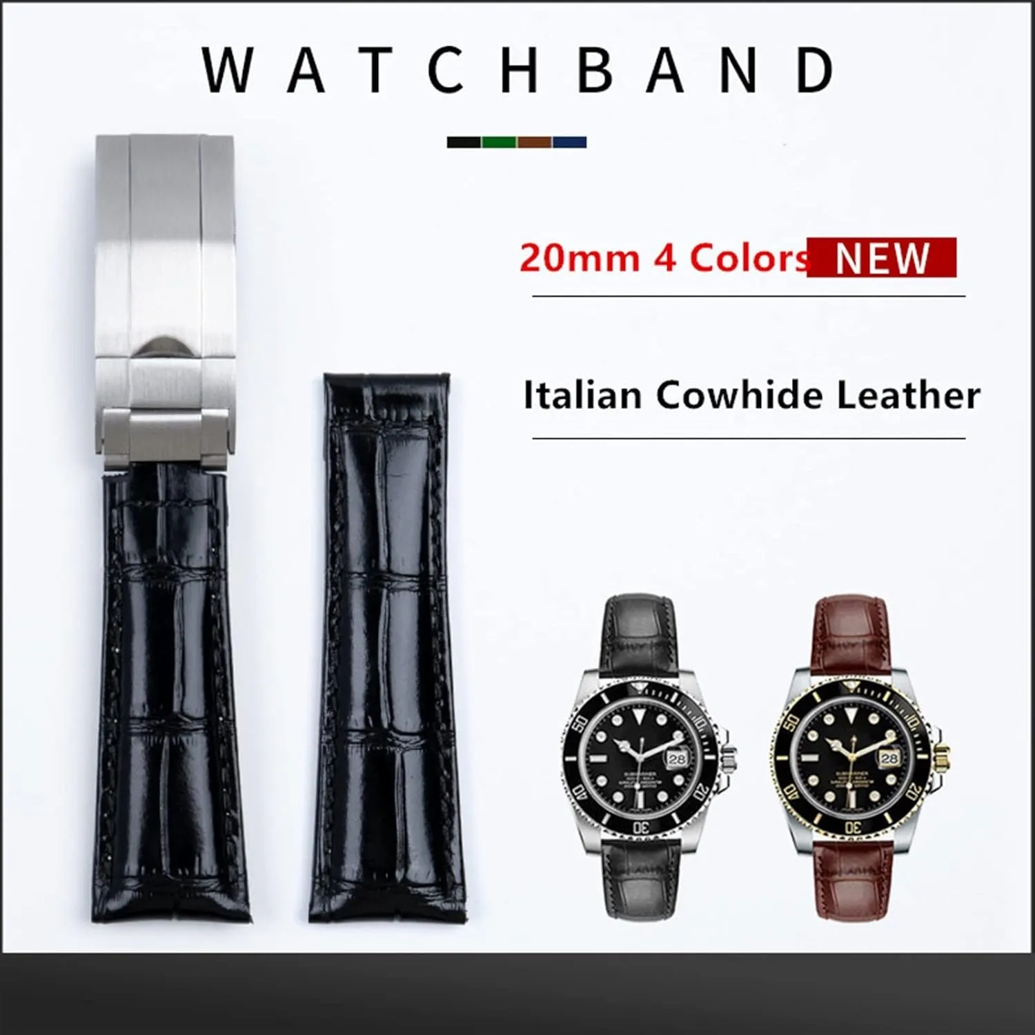 20mm Italian Cowhide Soft Watch Band Leather Watchband Suitable for Rolex Strap Daytona Submariner Deepsea GMT OYSTERFLEX Belt (Color : Blue, Size : Black Buckle)