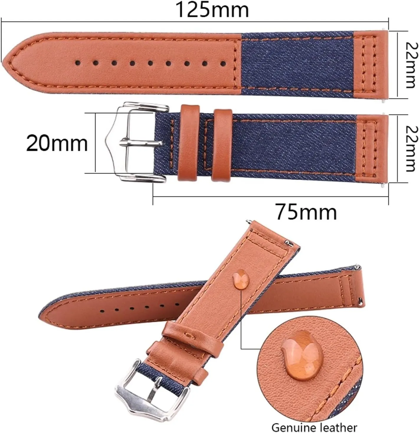 22mm Watch Band Strap Smart Watch Accessories Genuine Leather Bracelet