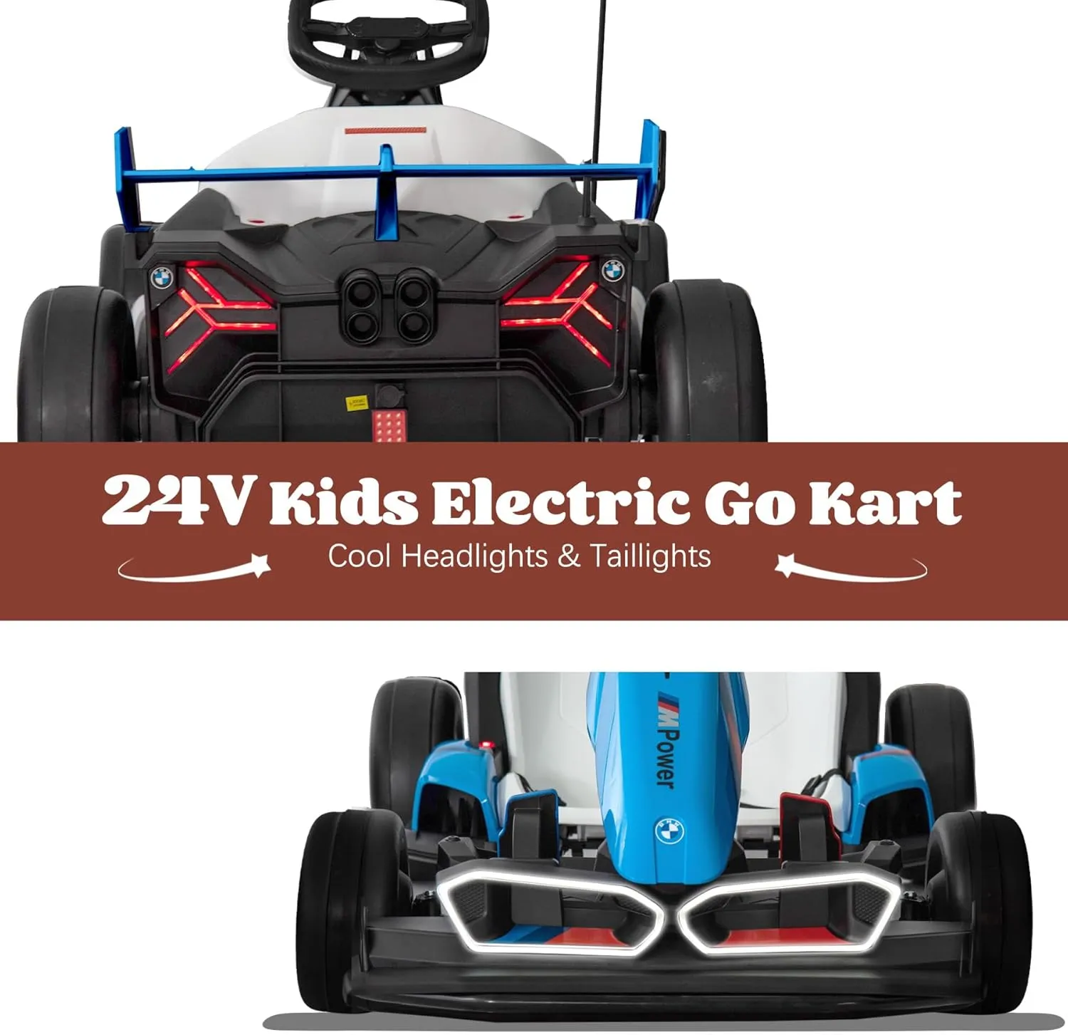 24V Electric Go Kart for Kids, Drift Racing Go Kart, Licensed BMW 7.5 MPH Electric Go Kart with Drift Race Pedal, Adjustable Seat, LED Lights, 200W Powerful Motor for Kids Ages 6 , Blue