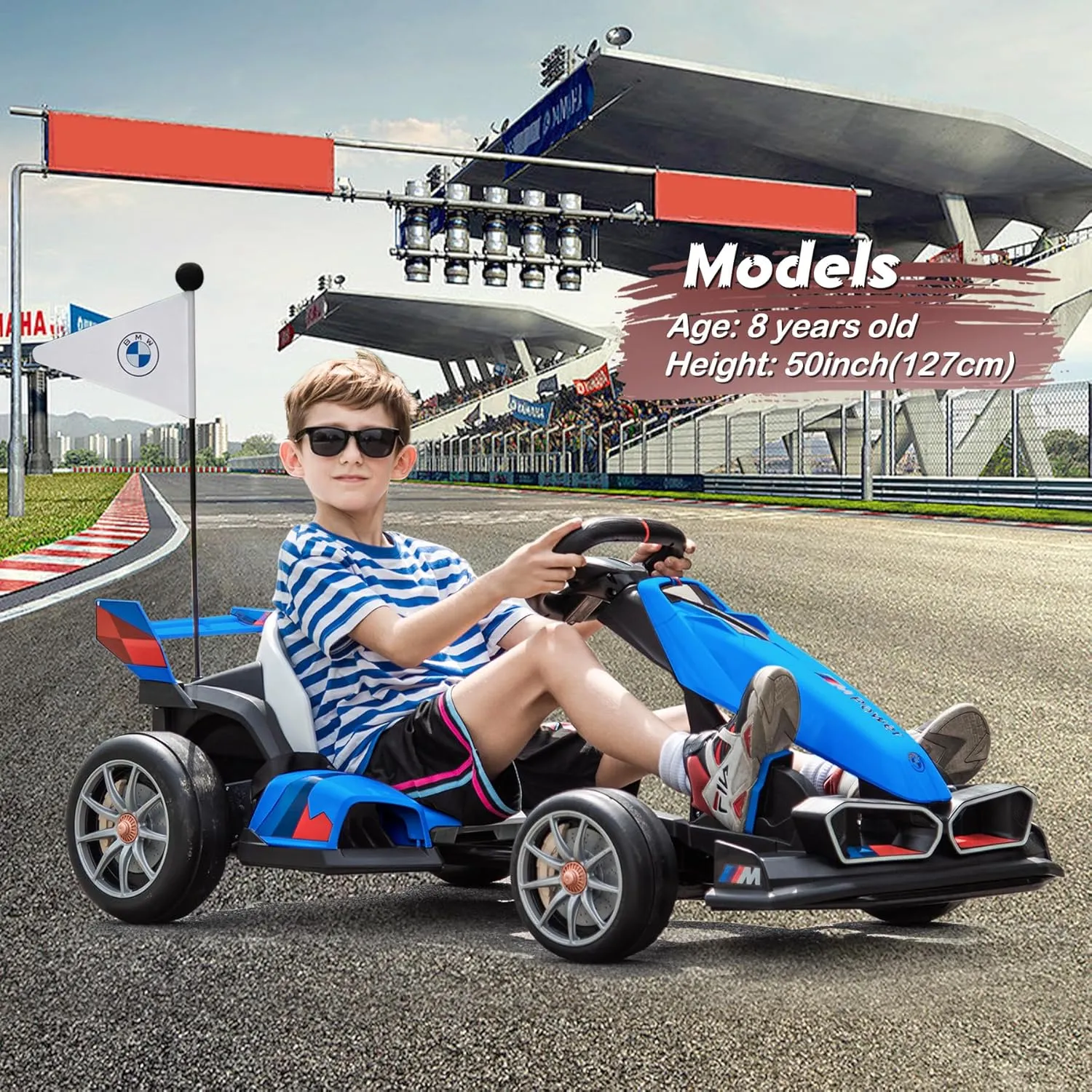 24V Electric Go Kart for Kids, Drift Racing Go Kart, Licensed BMW 7.5 MPH Electric Go Kart with Drift Race Pedal, Adjustable Seat, LED Lights, 200W Powerful Motor for Kids Ages 6 , Blue