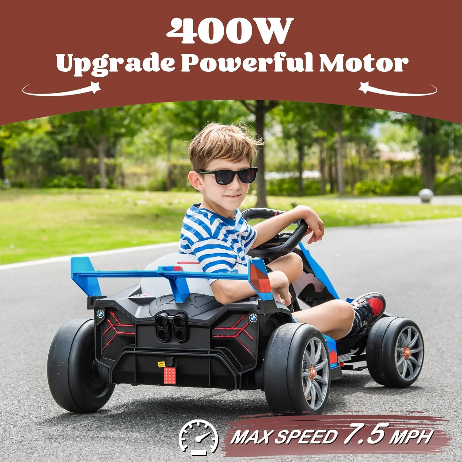 24V Electric Go Kart for Kids, Drift Racing Go Kart, Licensed BMW 7.5 MPH Electric Go Kart with Drift Race Pedal, Adjustable Seat, LED Lights, 200W Powerful Motor for Kids Ages 6 , Blue