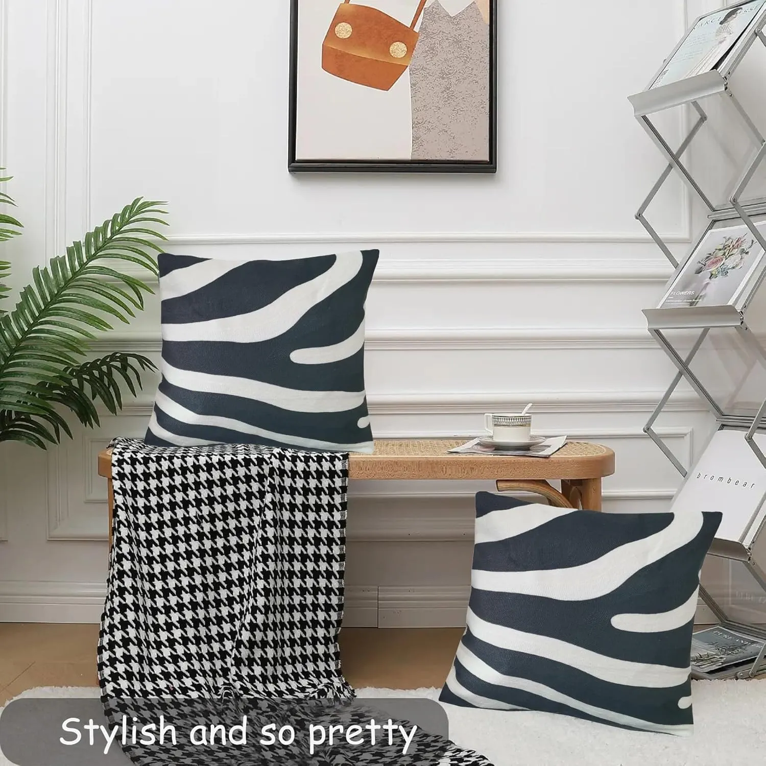 2PCS Pack Decorative Pillowcase Zebra Animal Stripe Dark Gray Black and White Embroidered Decorative Throw Pillow Cover 17x17 inch Grey Black Modern Pattern Animal Stripes Chic Zebra Pillow