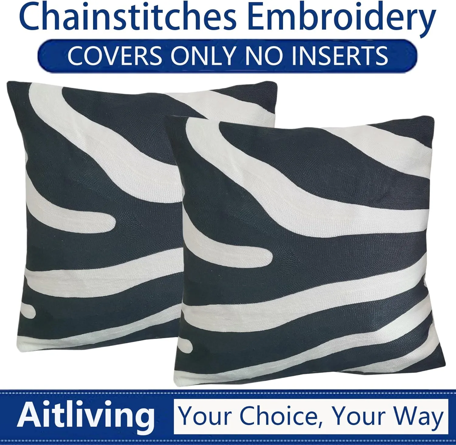 2PCS Pack Decorative Pillowcase Zebra Animal Stripe Dark Gray Black and White Embroidered Decorative Throw Pillow Cover 17x17 inch Grey Black Modern Pattern Animal Stripes Chic Zebra Pillow