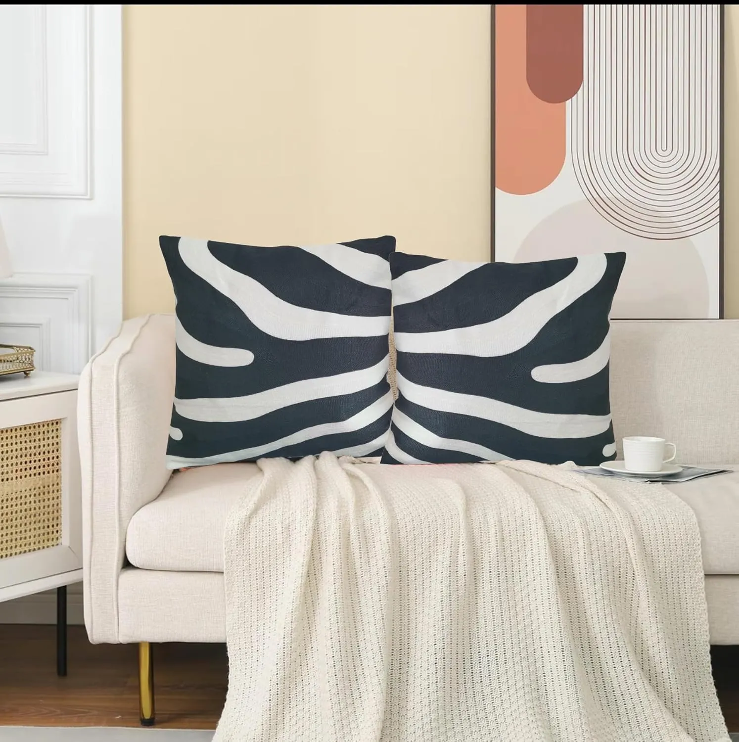 2PCS Pack Decorative Pillowcase Zebra Animal Stripe Dark Gray Black and White Embroidered Decorative Throw Pillow Cover 17x17 inch Grey Black Modern Pattern Animal Stripes Chic Zebra Pillow