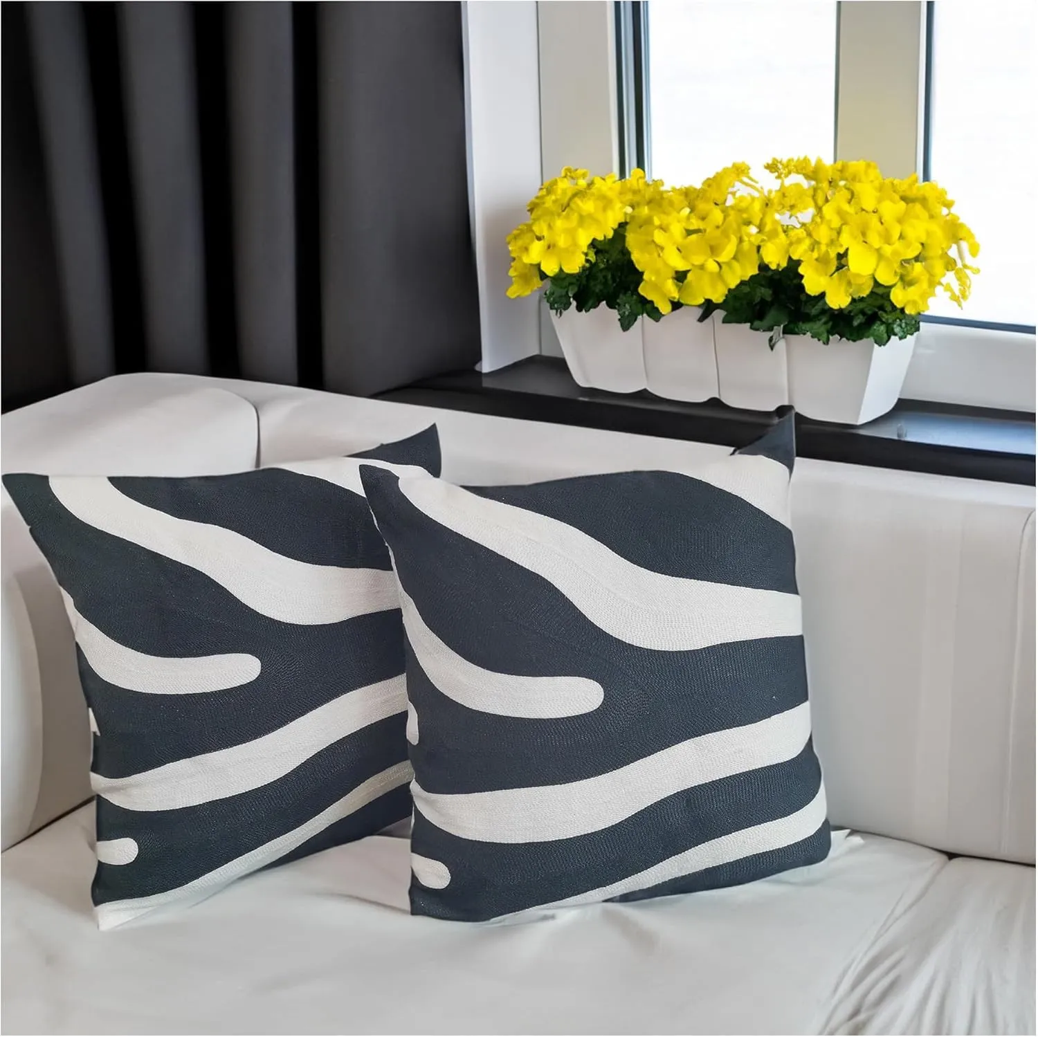 2PCS Pack Decorative Pillowcase Zebra Animal Stripe Dark Gray Black and White Embroidered Decorative Throw Pillow Cover 17x17 inch Grey Black Modern Pattern Animal Stripes Chic Zebra Pillow