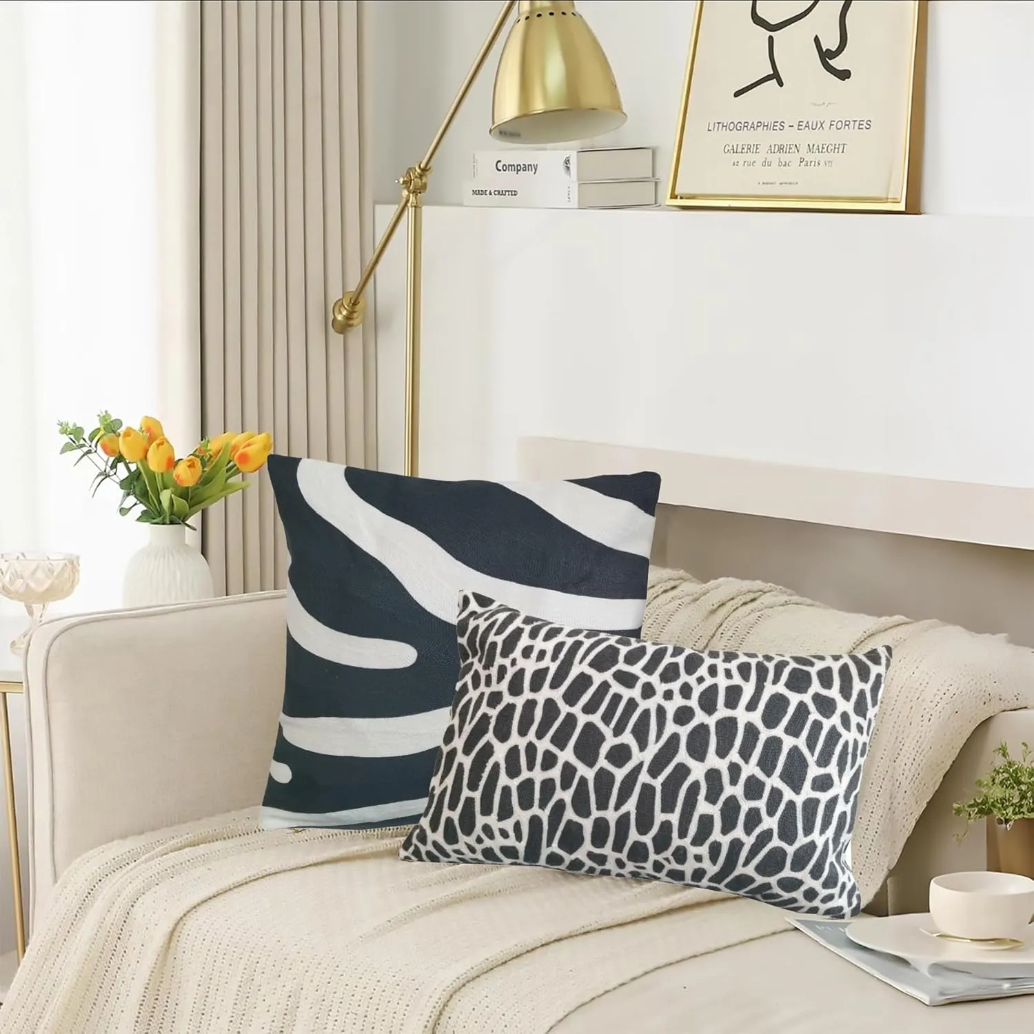 2PCS Pack Decorative Pillowcase Zebra Animal Stripe Dark Gray Black and White Embroidered Decorative Throw Pillow Cover 17x17 inch Grey Black Modern Pattern Animal Stripes Chic Zebra Pillow