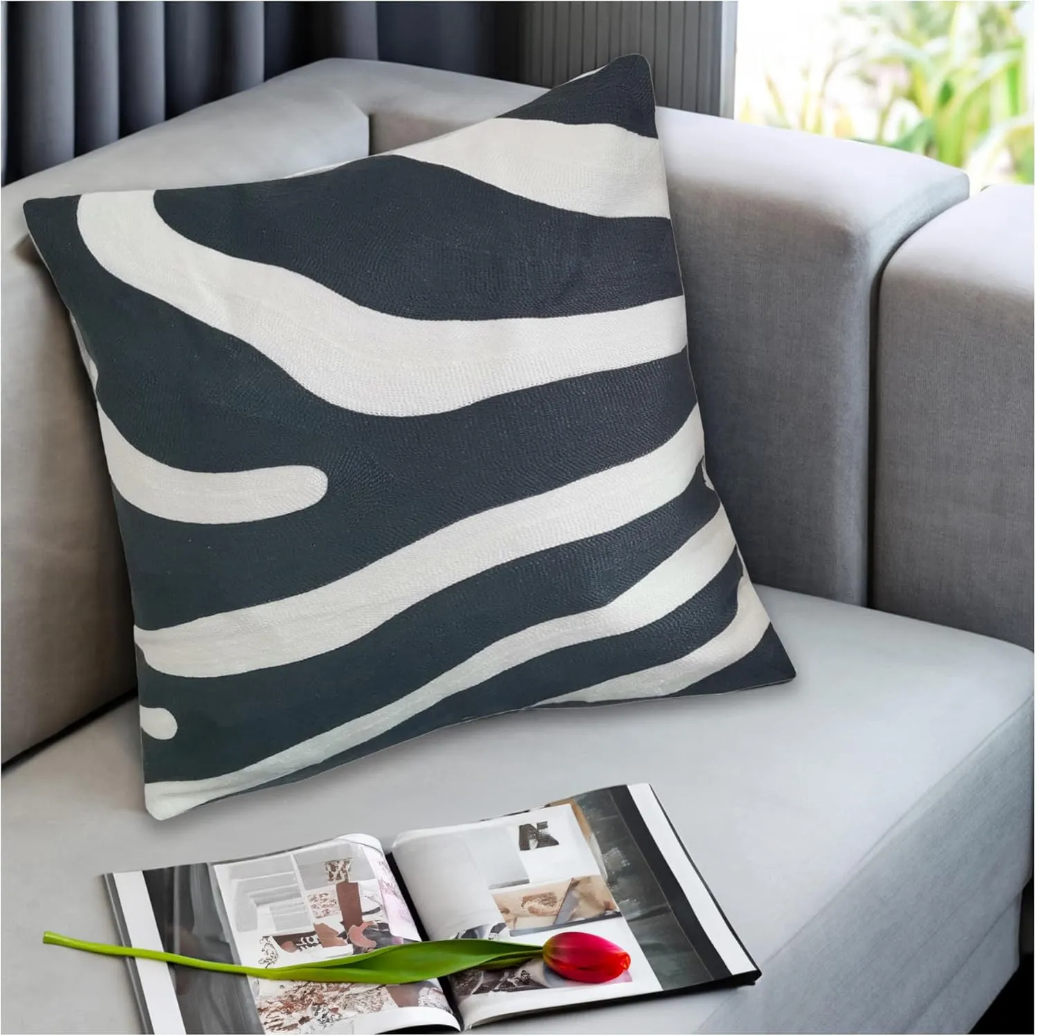 2PCS Pack Decorative Pillowcase Zebra Animal Stripe Dark Gray Black and White Embroidered Decorative Throw Pillow Cover 17x17 inch Grey Black Modern Pattern Animal Stripes Chic Zebra Pillow