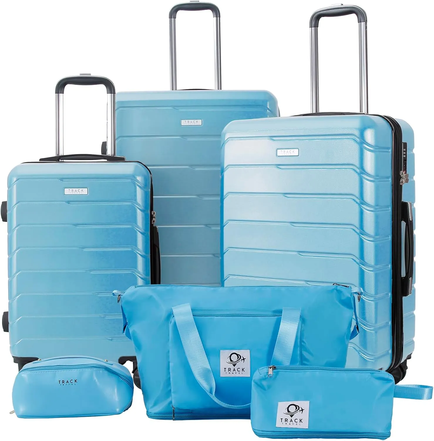 3 Piece Luggage Set ABS PC Expandable Hardshell TSA Lock Aluminum Trolley Spinner Wheels (Sky Blue, 6 Piece Set)