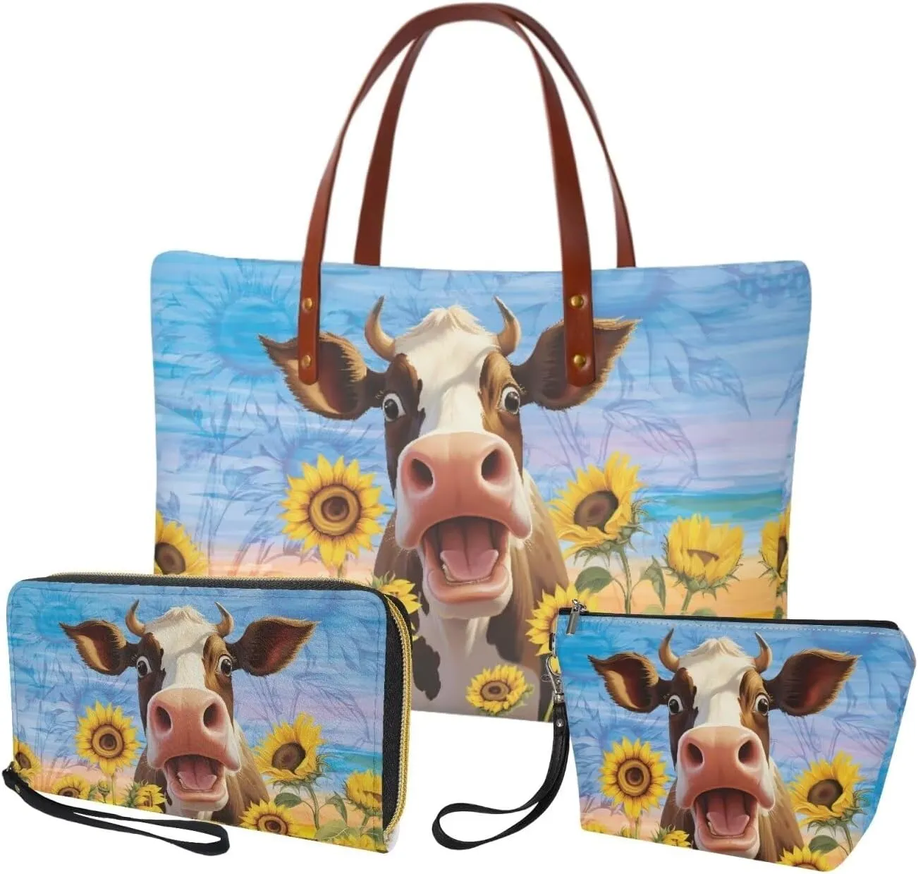 3PCS Tote Bag with Wallet, Purse and Wallet Set for Women Large Top Handle Purse Casual Satchel Handbag