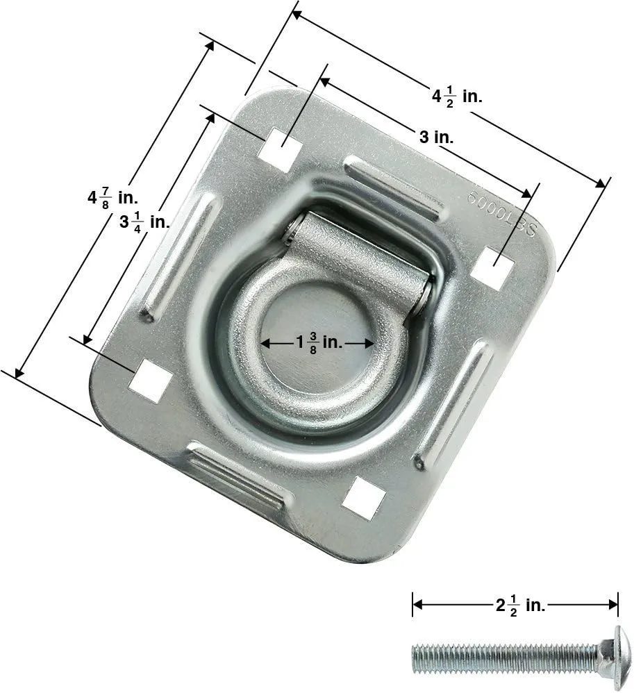 4-Pack - Recessed Pan D-Ring Trailer Tie Downs (6,000 Lb. Capacity) and Heavy Backer Plates, Including Mounting Hardware (Complete Set: 16 Carriage Bolts, Washers and Nylon Lock Nuts)