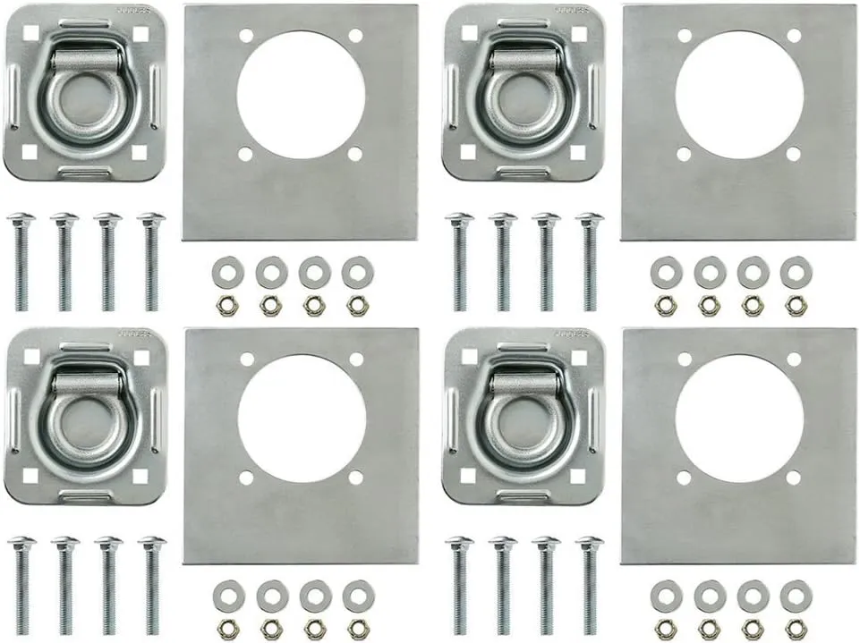 4-Pack - Recessed Pan D-Ring Trailer Tie Downs (6,000 Lb. Capacity) and Heavy Backer Plates, Including Mounting Hardware (Complete Set: 16 Carriage Bolts, Washers and Nylon Lock Nuts)