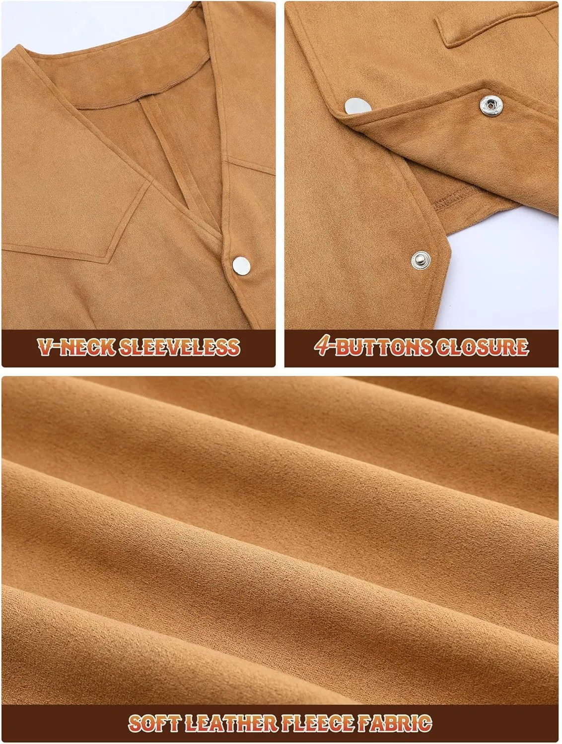 4 Pcs Western Outfits for Men Cowboy Suede Leather Vest Hat Necktie Buckle Belt for Halloween Costume Party