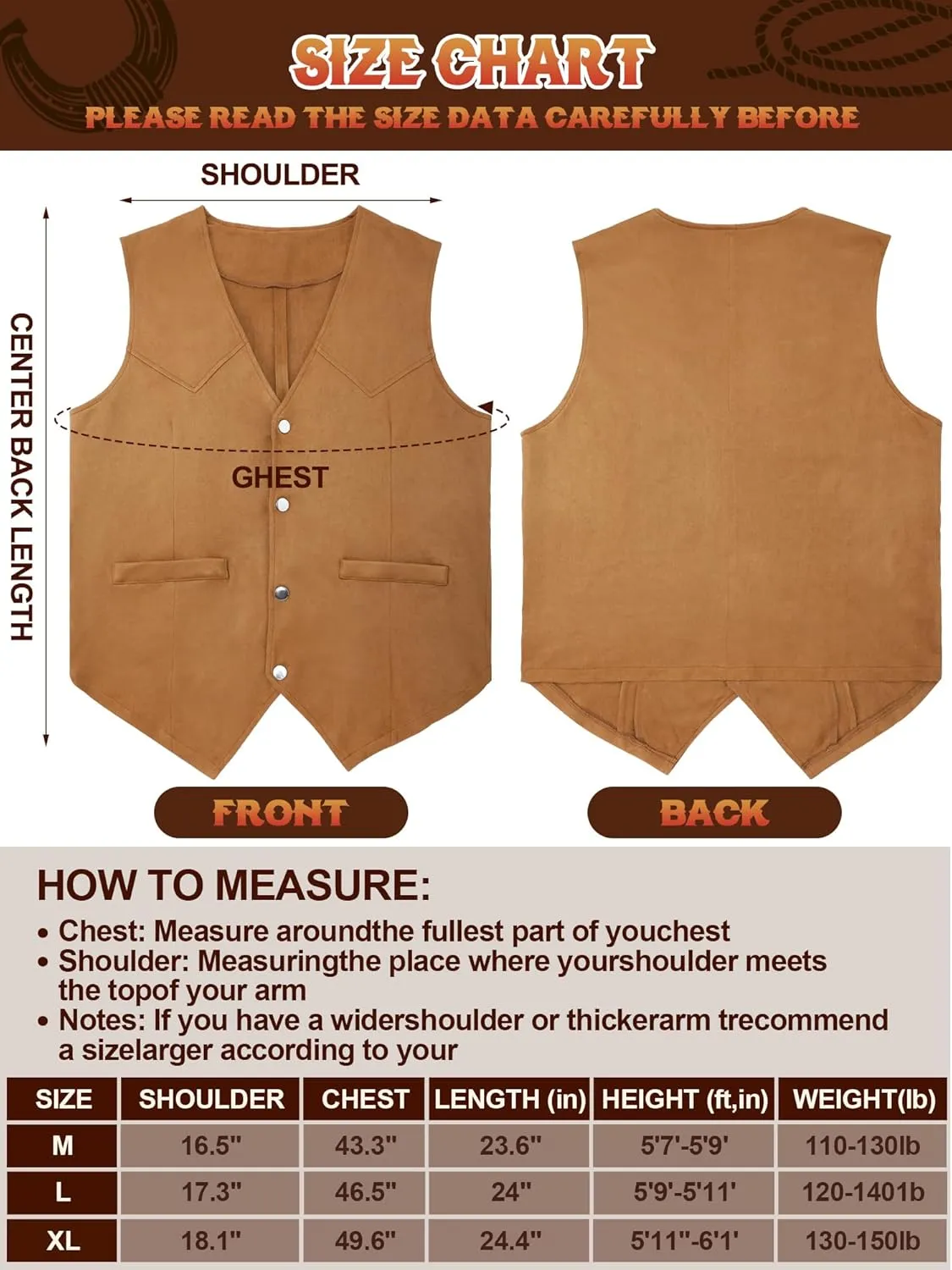 4 Pcs Western Outfits for Men Cowboy Suede Leather Vest Hat Necktie Buckle Belt for Halloween Costume Party