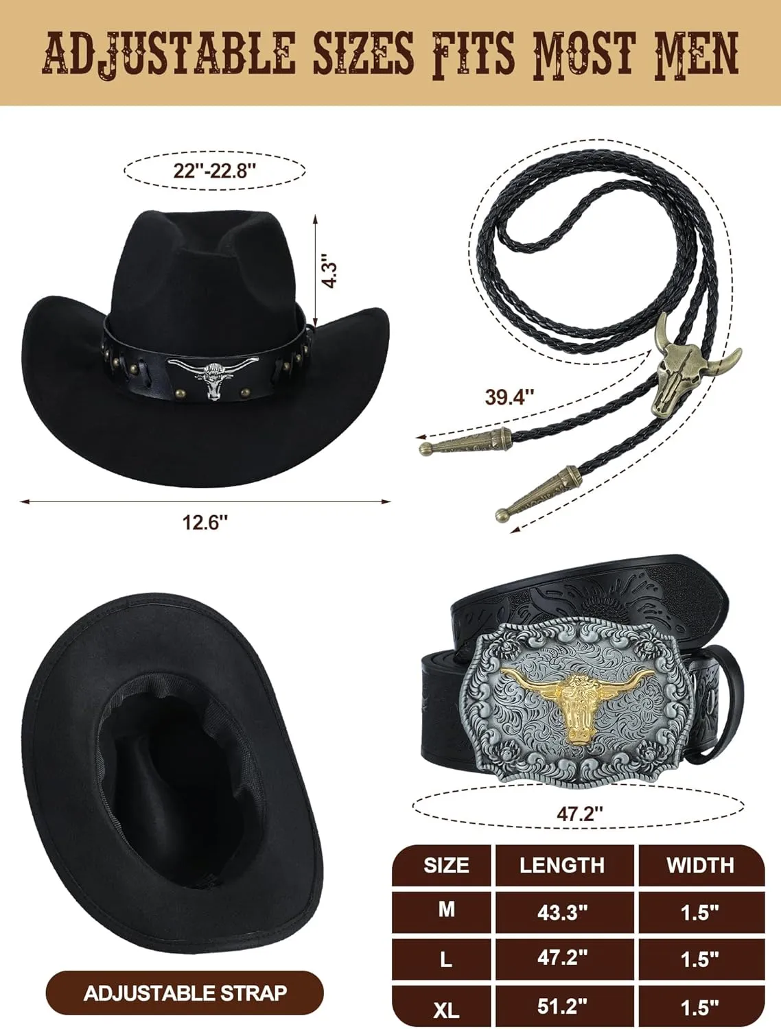 4 Pcs Western Outfits for Men Cowboy Suede Leather Vest Hat Necktie Buckle Belt for Halloween Costume Party