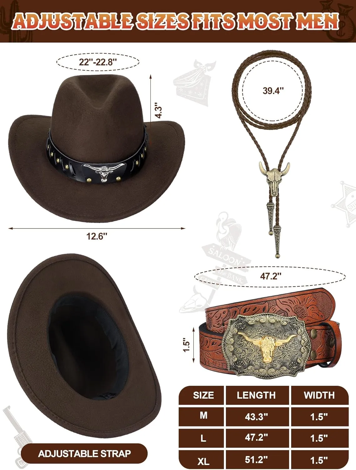 4 Pcs Western Outfits for Men Cowboy Suede Leather Vest Hat Necktie Buckle Belt for Halloween Costume Party