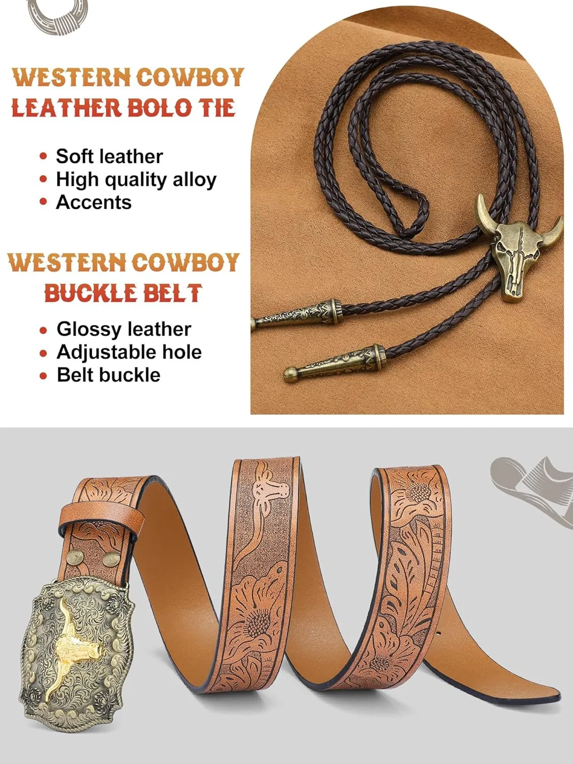 4 Pcs Western Outfits for Men Cowboy Suede Leather Vest Hat Necktie Buckle Belt for Halloween Costume Party