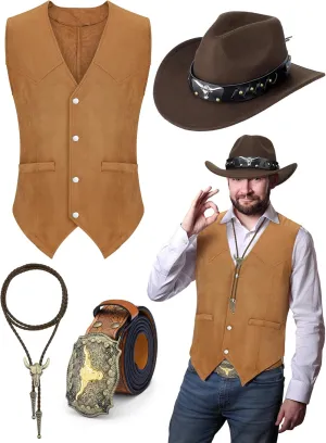 4 Pcs Western Outfits for Men Cowboy Suede Leather Vest Hat Necktie Buckle Belt for Halloween Costume Party