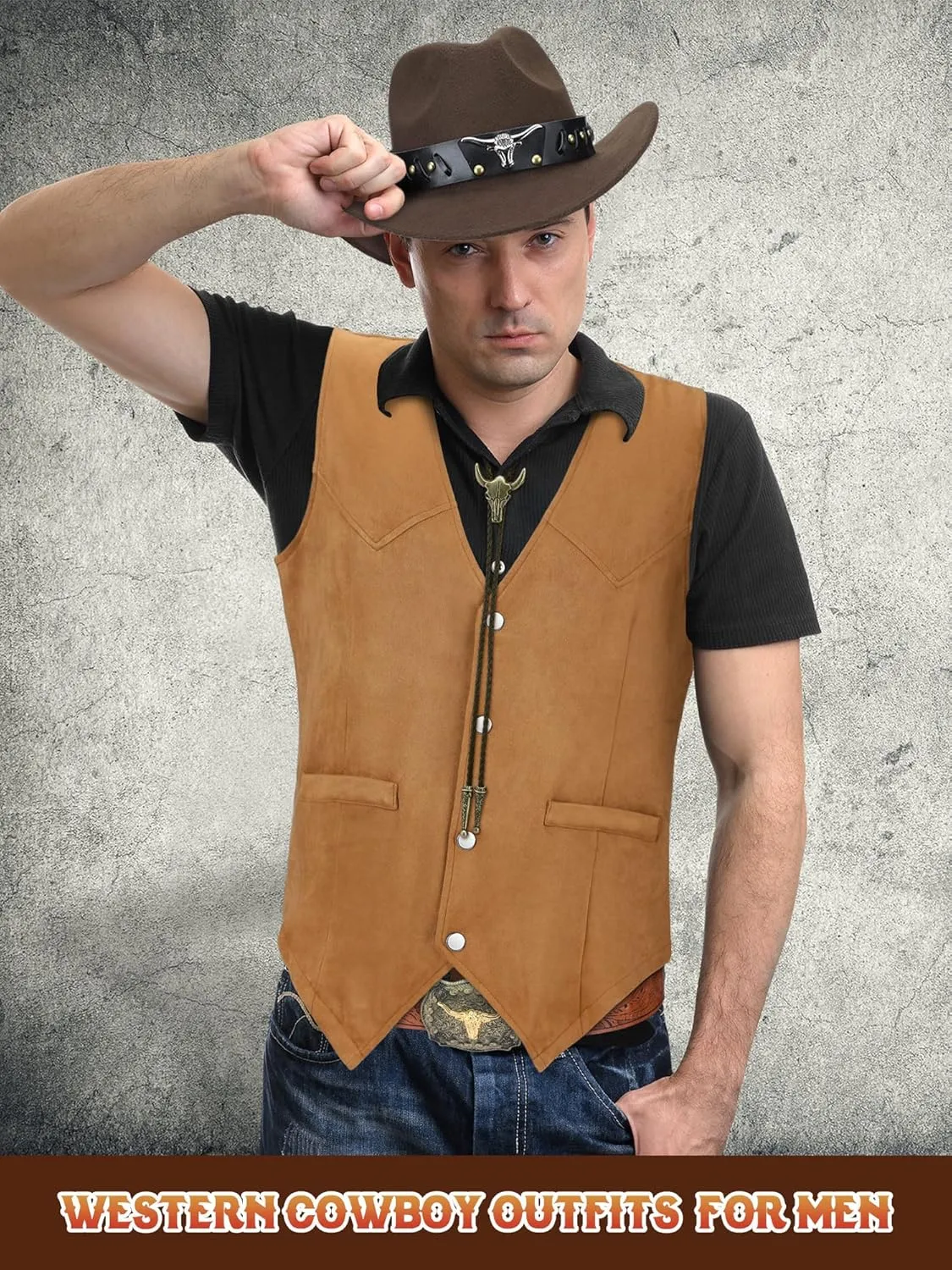 4 Pcs Western Outfits for Men Cowboy Suede Leather Vest Hat Necktie Buckle Belt for Halloween Costume Party