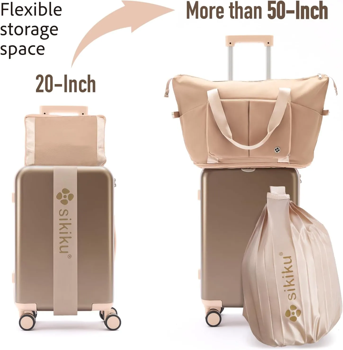4-Piece Lightweight Luggage Sets for Women, Hardshell Spinner Suitcase with TSA Lock, Expandable Duffel Bag, Luggage Strap, and Leather Tag（Titanium Gold, 20inch)