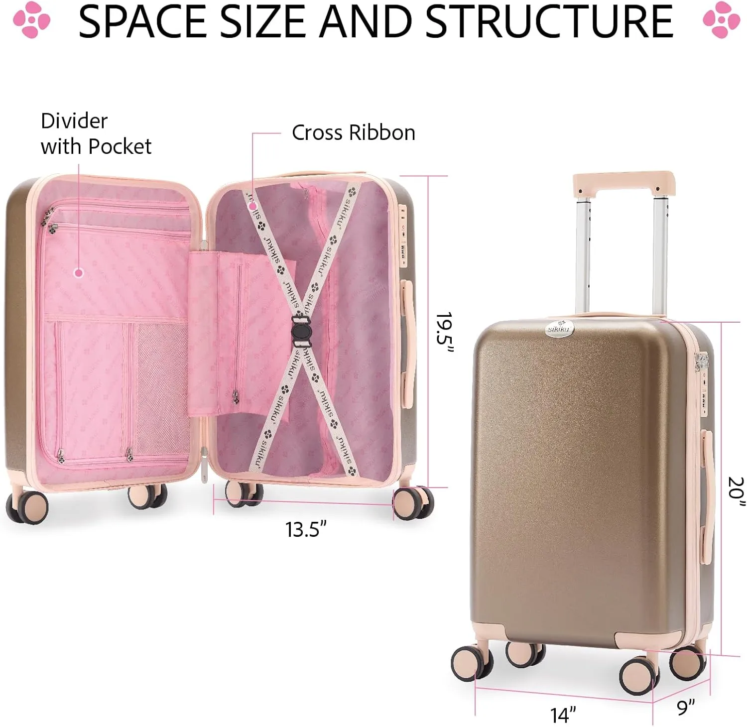 4-Piece Lightweight Luggage Sets for Women, Hardshell Spinner Suitcase with TSA Lock, Expandable Duffel Bag, Luggage Strap, and Leather Tag（Titanium Gold, 20inch)