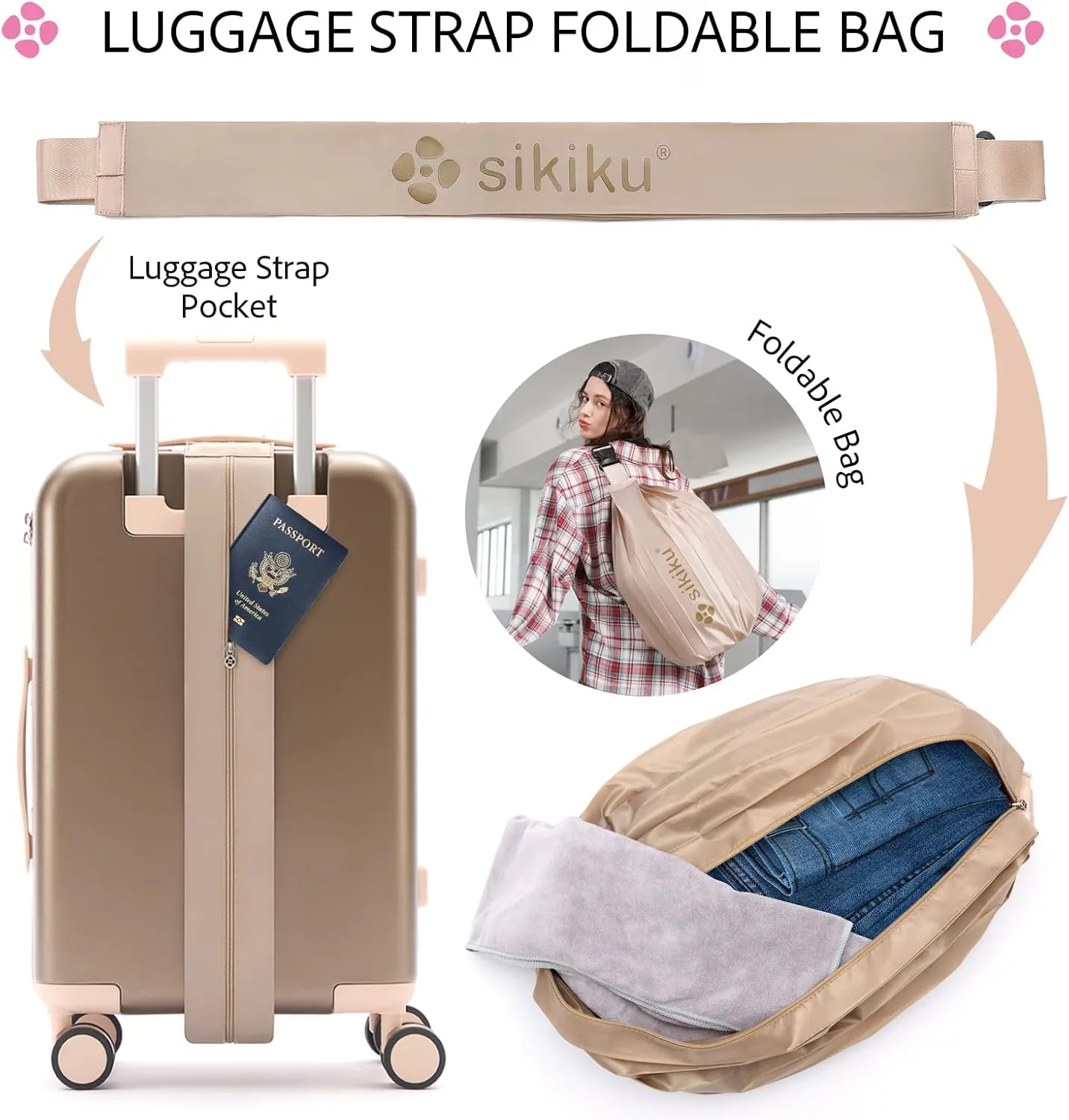 4-Piece Lightweight Luggage Sets for Women, Hardshell Spinner Suitcase with TSA Lock, Expandable Duffel Bag, Luggage Strap, and Leather Tag（Titanium Gold, 20inch)