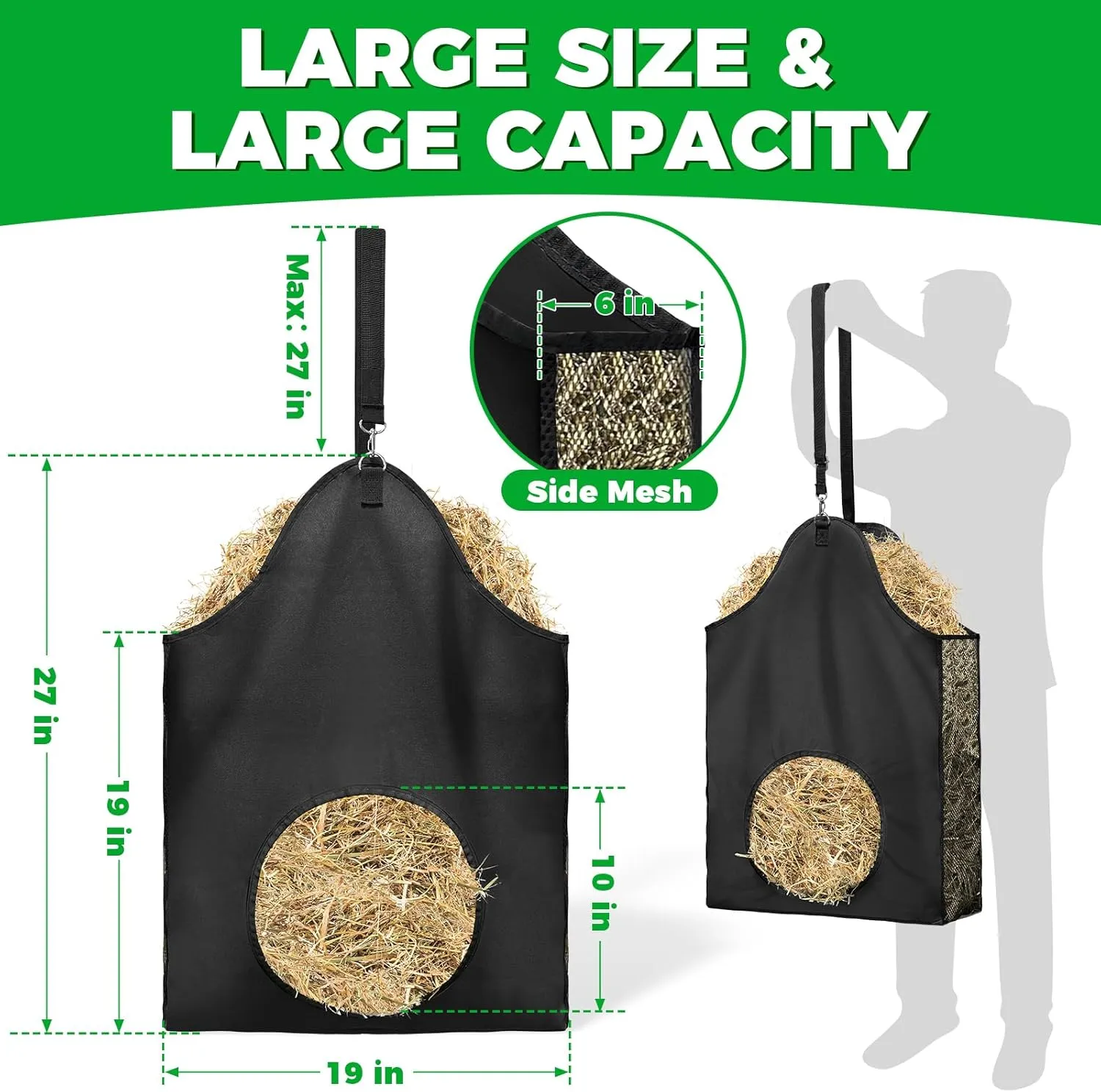4PCS Hay Bag Goat Hay Feeder Slow Feed Hay Bags 600D Oxford Cloth with Metal Ring and Adjustable Strap Hay Bags for Horses Goats Sheep Donkeys Cows (Black,4pcs