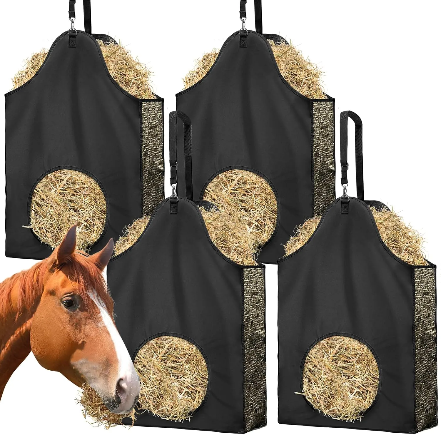 4PCS Hay Bag Goat Hay Feeder Slow Feed Hay Bags 600D Oxford Cloth with Metal Ring and Adjustable Strap Hay Bags for Horses Goats Sheep Donkeys Cows (Black,4pcs