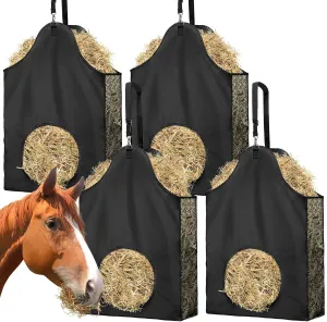 4PCS Hay Bag Goat Hay Feeder Slow Feed Hay Bags 600D Oxford Cloth with Metal Ring and Adjustable Strap Hay Bags for Horses Goats Sheep Donkeys Cows (Black,4pcs