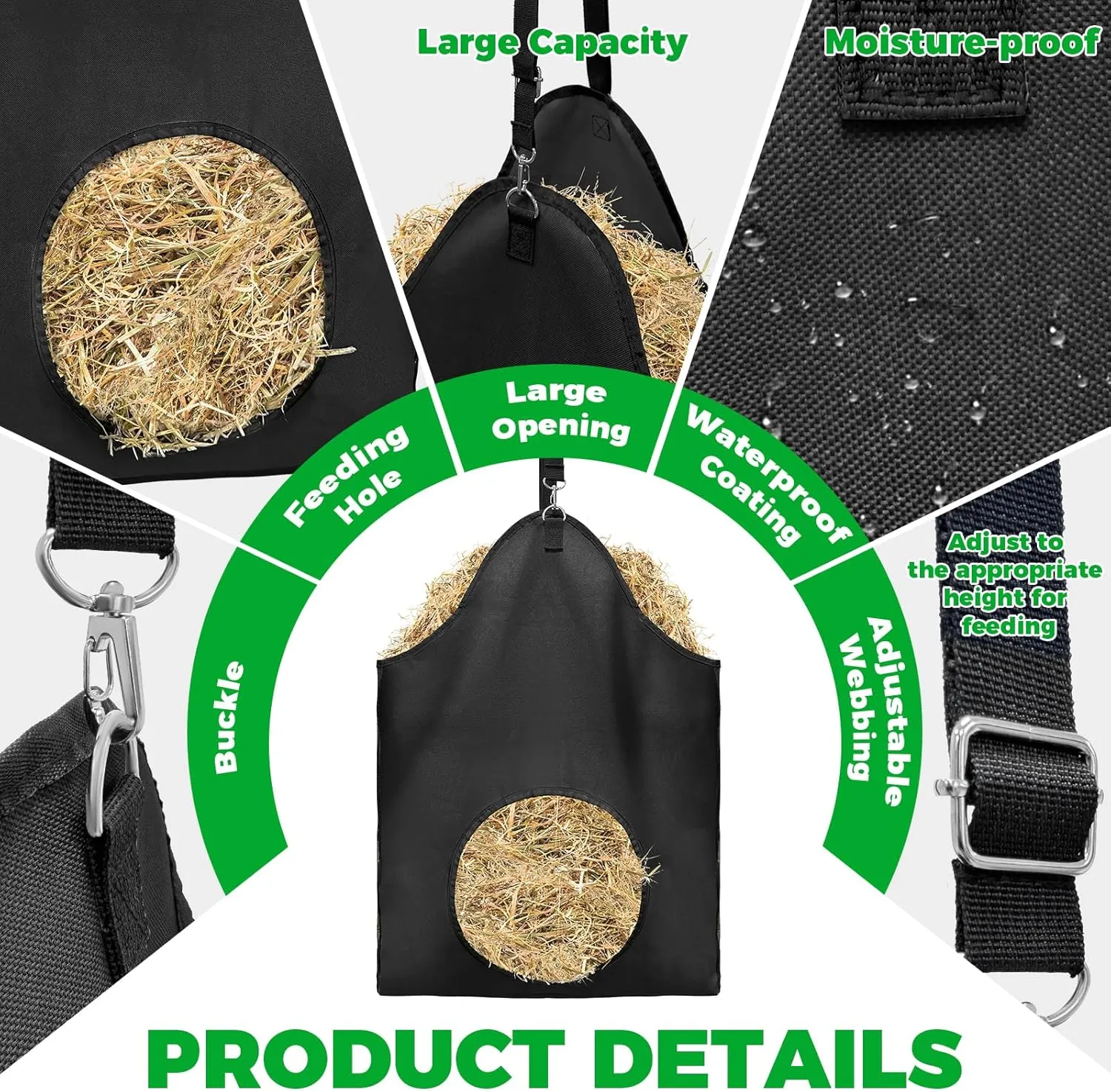4PCS Hay Bag Goat Hay Feeder Slow Feed Hay Bags 600D Oxford Cloth with Metal Ring and Adjustable Strap Hay Bags for Horses Goats Sheep Donkeys Cows (Black,4pcs