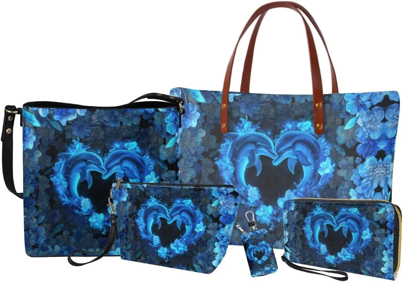 5 PCS Purse and Wallet Set Large Shoulder Bag Top Handle Purse with PU Wallet Cosmetic Purse Car Key Cover