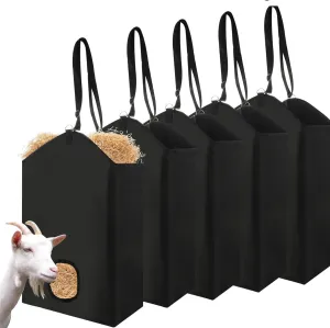 5 PCS Slow Feed Hay Bag for Horses 600D Oxford Cloth Goat Hay Feeder with Metal Ring and Adjustable Strap Black Horse Feed Bag for Slow Feeding Open-Feed Hole Goat Hay Bags for Goats