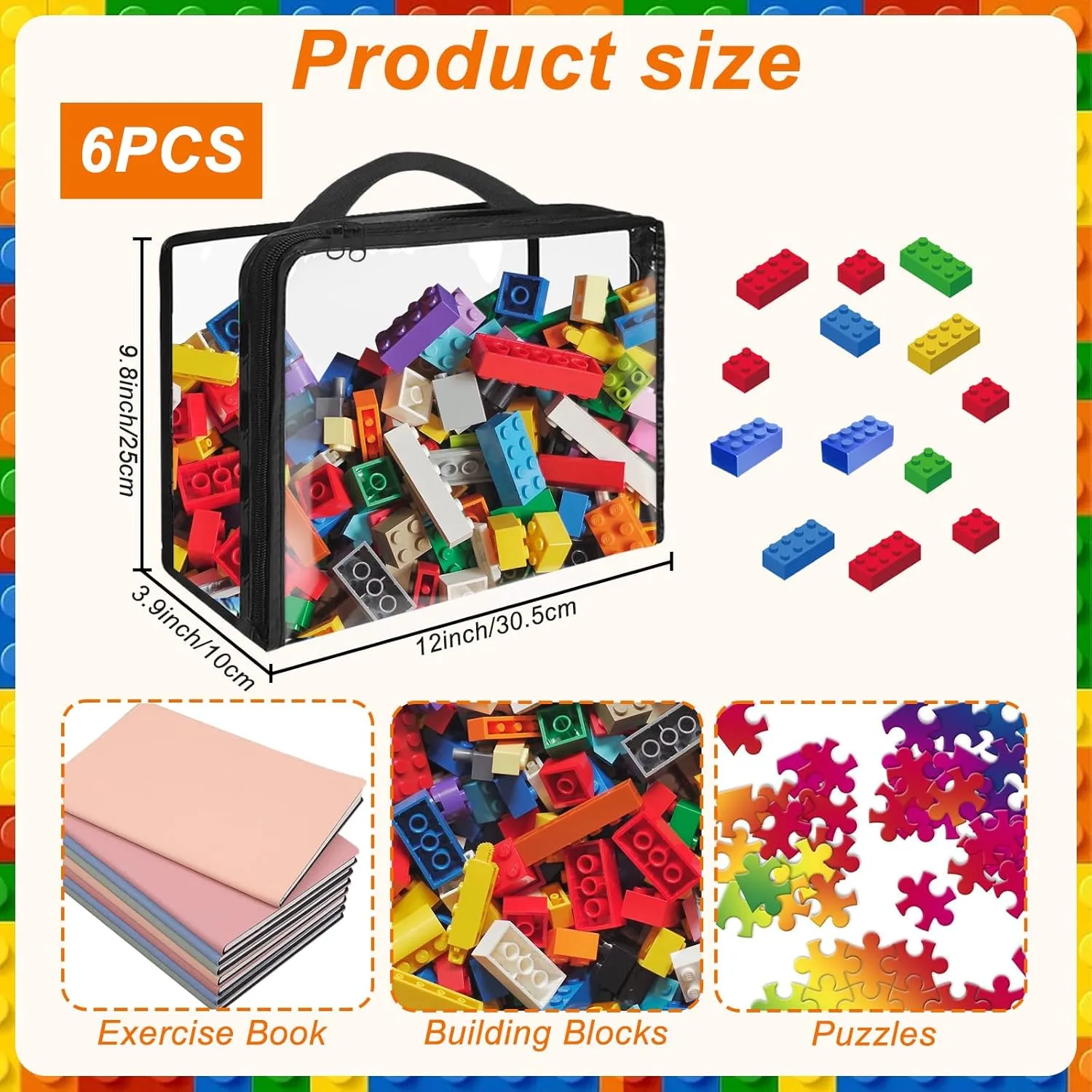 6 Pack Extra Large PVC Toy Storage Bags with Zippered Closure, Portable Toy Organizer for Board Games, Building Blocks, Books