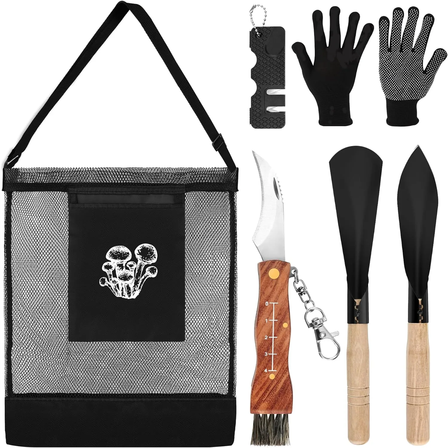 6 PCS Mushroom Foraging Kit, Anglecai Mushroom Collecting Tools Includes Mushroom Foraging Bag/Mushroom Knife/Knife Sharpener/2P Mushroom Shovel/Mitt for Collecting and Storing Mushrooms
