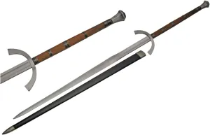 63" Medieval Long Handmade EDC Decorative Sword Full Tang Clip Point Carbon Steel Blade Wooden Handle with a Metal Guard and Pommel Hard Shell Scabbard